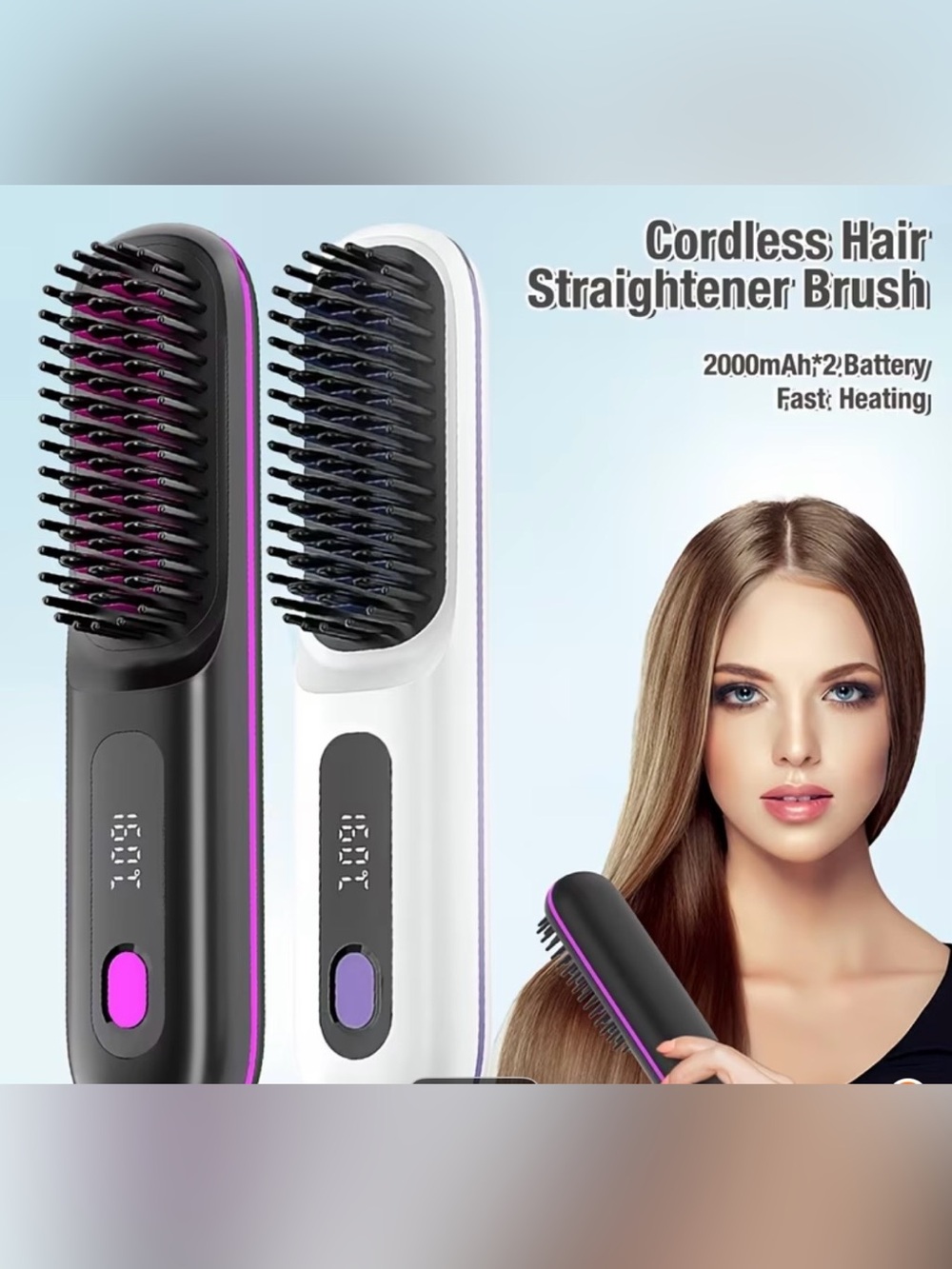 Cordless Hair Straightening Brush Purple & black USB chargeable